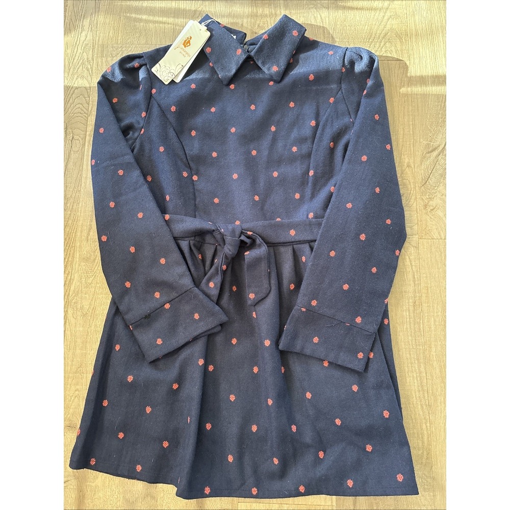 NWT Lianxiangxiyu Blue Polka Dot Knee Length Long Sleeve Belted Dress Size Large